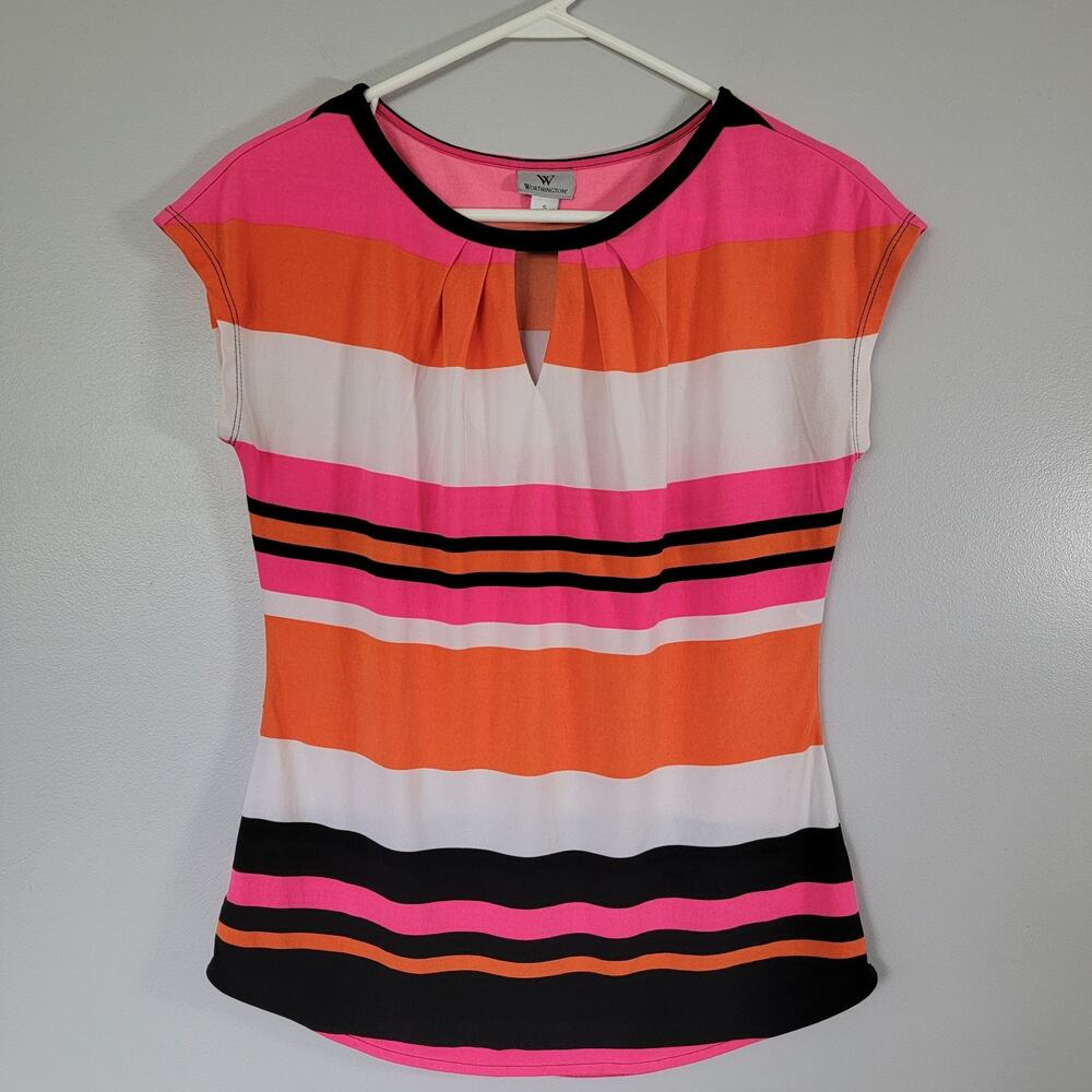 Retro 70's Pink Orange White Cap Sleeve Top Womens S Groovy Dopamine Worthington